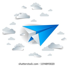 Origami paper plane toy flying in the sky with beautiful clouds, perfect vector illustration of scenic cloudscape with toy jet take off, airlines air travel theme. 