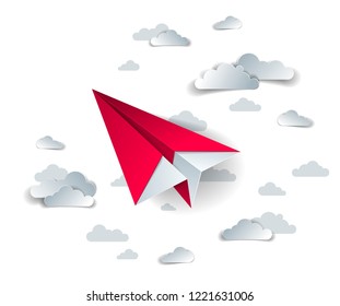 Origami paper plane toy flying in the sky with beautiful clouds, perfect vector illustration of scenic cloudscape with toy jet take off, airlines air travel theme. 