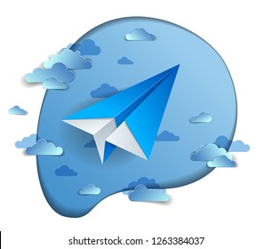 Origami paper plane toy flying in the sky with beautiful clouds, perfect vector illustration of scenic cloudscape with toy jet take off, airlines air travel theme. 