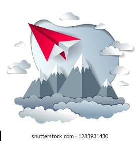 Origami paper plane toy flying in the sky over mountain peaks, perfect vector illustration of scenic nature landscape with toy jet take off mountain range, airlines air travel theme. 