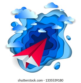Origami paper plane toy flying in the sky with beautiful clouds, perfect vector illustration of scenic cloudscape with toy jet take off, airlines air travel theme. 