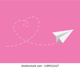 Origami paper plane. Two dash heart in the sky. Love card. Vector illustration. Paper plane design over purple background vector illustration.