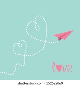 Origami Paper Plane. Two Dash  Heart In The Sky. Love Card. Vector Illustration.