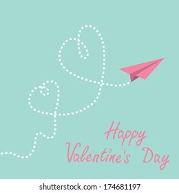 Origami paper plane. Two dash  heart in the sky. Happy Valentines day card. Vector illustration.