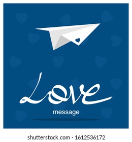 Origami paper plane vector illustration. Editable greeting template with love message concept. Classic blue background with cute hearts. Print