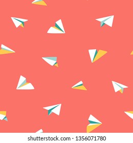 Origami paper planes flying. Colorful cute seamless vector pattern. Small white planes on red background. Ideal for summer shirts and dresses, kids wear, bags, bandanas, textile, paper, stationery.