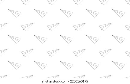 Origami paper planes seamless pattern. SRepeating symbols of success, communication, travel, imagination, desire, creativity, dreaming on white background. Vector outline illustration