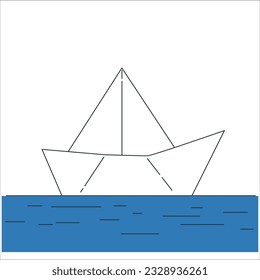 origami paper sailboat sailing on blue water. Paper boat. Paper origami white boat on the white background. Leadership concept with blue paper ship leading among white. Origami folded ship