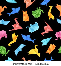 Origami paper shape seamless pattern on black background. Vector illustration for fabrics, textiles, wrapping paper. Bright, positive wrapper.