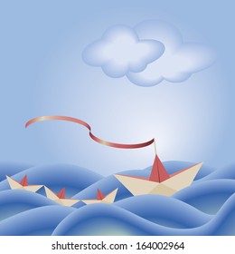 origami paper ship leading three smaller boats through rough waters, vector illustration