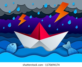 Origami paper ship toy swimming in thunderstorm with lightning, curvy waves of the sea and clouds in the sky, beautiful vector illustration in paper cut style.