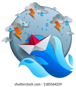Origami paper ship toy swimming in thunderstorm with lightning, dramatic vector illustration of stormy rainy weather over ocean with toy boat struggles to survive.