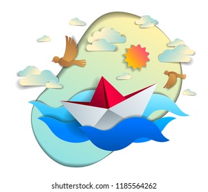 Origami paper ship toy swimming in ocean waves, beautiful vector illustration of scenic seascape with toy boat floating in the sea and birds in the sky. Water travel, summer holidays.