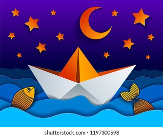 Origami paper ship toy swimming in the night with moon and stars, curvy waves of the sea,beautiful vector illustration in paper cut style.