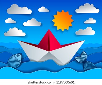 Origami paper ship toy swimming in curvy waves of the sea and clouds in the sky, beautiful vector illustration in paper cut style.