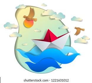 Origami paper ship toy swimming in ocean waves, beautiful vector illustration of scenic seascape with toy boat floating in the sea and birds in the sky. Water travel, summer holidays.