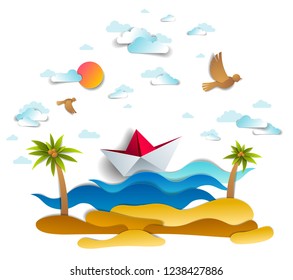 Origami paper ship toy swimming in ocean waves with beach and palms, beautiful vector illustration of scenic seascape with toy boat floating in sea and birds in sky. Water travel, summer holidays.