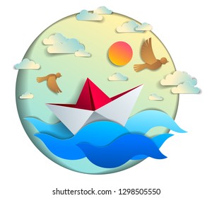 Origami paper ship toy swimming in ocean waves, beautiful vector illustration of scenic seascape with toy boat floating in the sea and birds in the sky. Water travel, summer holidays.