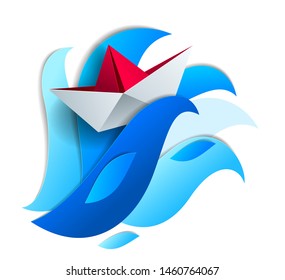 Origami paper ship toy swimming on huge ocean waves, dramatic vector illustration of stormy weather in the ocean with toy boat struggles to survive.