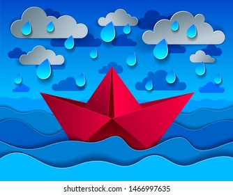 Origami paper ship toy swimming in rain over ocean, curvy waves of the sea and clouds in the sky, beautiful vector illustration in paper cut style.