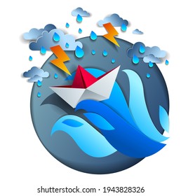 Origami paper ship toy swimming in thunderstorm with lightning, dramatic vector illustration of stormy rainy weather over ocean with toy boat struggles to survive.