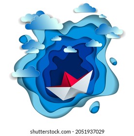Origami paper ship toy swimming in ocean waves, beautiful vector illustration of scenic seascape with toy boat floating in the sea and clouds in the sky. Water travel, summer holidays.   