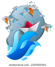 Origami paper ship toy swimming in thunderstorm with lightning, dramatic vector illustration of stormy rainy weather over ocean with toy boat struggles to survive.