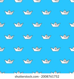 Origami Paper Ships Seamless Pattern On A Blue Background. Origami Theme Vector Illustration