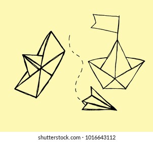 Origami paper sketches on creme background. pattern of paper planes and paper boats. hand drawn Vector illustration.