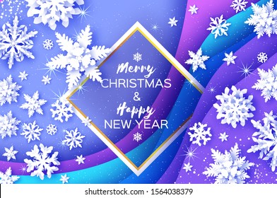 Origami Paper Snowflakes on blue layered background. Merry Christmas and Happy New Year in paper craft style. Magic Snowfall. Rhombus frame for text.