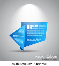 Origami paper style panel with space for text, illuminated by a spotlights  with a grey wall background.