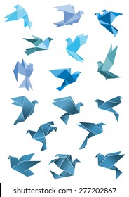 Origami paper stylized blue flying pigeon and dove birds set, isolated on white, for peace and freedom concept design