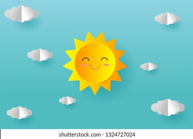 Origami paper sun and cloud on blue sky. Paper art style, abstract background composed of white paper clouds and sun, Paper cut illustration vector