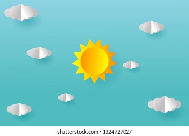 Origami paper sun and cloud on blue sky. Paper art style, abstract background composed of white paper clouds and sun, Paper cut illustration vector