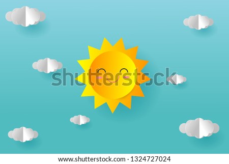 Origami paper sun and cloud on blue sky. Paper art style, abstract background composed of white paper clouds and sun, Paper cut illustration vector