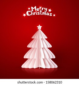 Origami paper vector Christmas tree on dark red background