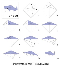 Origami, paper whale, vector illustration, step by step instructions