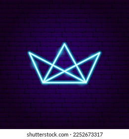 Origami Papercut Boat Neon Sign. Vector Illustration of Handcrafted Handmade Paper Object. Glowing Art.