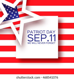 Origami Patriot Day background with star. We will never forget. Paper cut Poster Template. Abstract american flag background. September 11, 2001. Vector illustration 