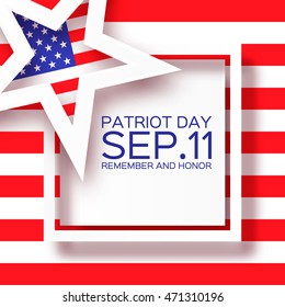 Origami Patriot Day background with stars and stripes. Abstract american flag. Square frame with title - We will never forget. September 11, 2001. Vector illustration. Poster Template.