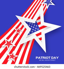 Origami Patriot Day on blue background with stars and stripes. Abstract american flag. We will never forget. September 11, 2001. Vector illustration. Poster Template.