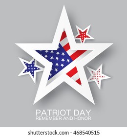Origami Patriot Day star on grey background. We will never forget. Paper cut Poster Template. Abstract american flag background. September 11, 2001. Vector illustration 