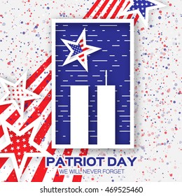 Origami Patriot Day. Twin Tower with rectangle frame on grey background. Abstract american flag. Stars and stripes. We will never forget. September 11, 2001. Vector illustration. Poster Template.