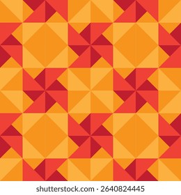 Origami pattern. Geometric seamless background with ninja stars made of red and yellow triangles. Japanese paper folding backdrop. Colorful abstract paper shapes. Origami wallpaper. Vector, EPS 10.
