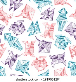 Origami Pattern with Sea Animals on a white background. Fish, Turtle, Crab and Squid. The design for the packaging of the website. Seamless vector background. Vector illustration