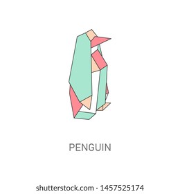 Origami penguin vector illustration isolated on white background. Cartoon bird folded in abstract geometric shapes from paper, Japanese traditional craft, cold polar animal - flat polygonal icon