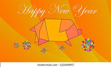 An origami pig model with multicolor spheres on bright orange and gold background. Vector illustration. Season's Greetings, Merry Christmas, Happy New Year, Year of the Pig concept.