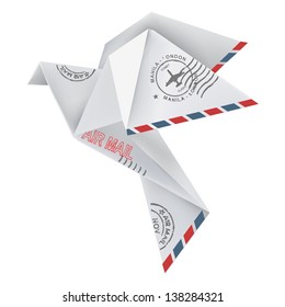 Origami pigeon in flying position with post stamps, in white background. Vector illustration.