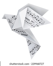 Origami pigeon with musical notes. Origami paper pigeon with with musical notes. Theme to use for music notebook and hymnals. Vector illustration. 