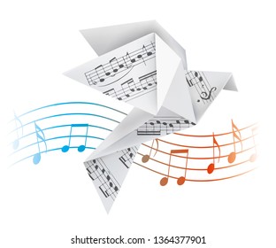 

Origami pigeon with musical notes.
Stylized illustration of paper dove on wave with musical notes. Vector available.